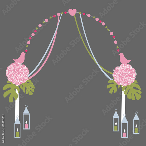 Wedding  arch with birds and flowers. Vector illustration.