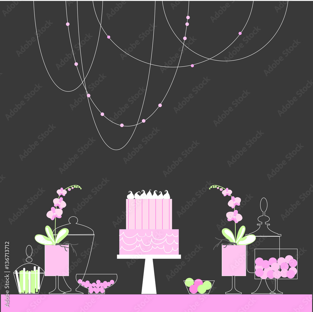 Candy Buffet with wedding cake and orchids. Vector illustration. Candy Buffet with wedding cake and orchids. Vector illustration.