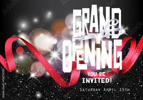 Grand Opening background with red curly ribbon and scissors. Vector illustration