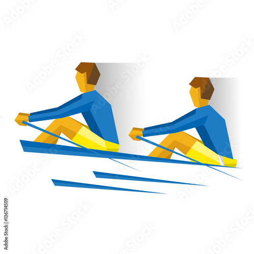 Two people with oars in the boat. Athlete isolated on white background with shadows. International sport games infographic. Rowing competition - flat style vector clip art.