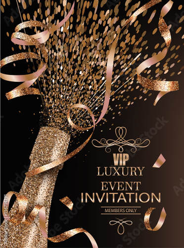 Luxury event invitation card with sparkling bottle of shampagne and gold textured curly ribbons. Vector illustration