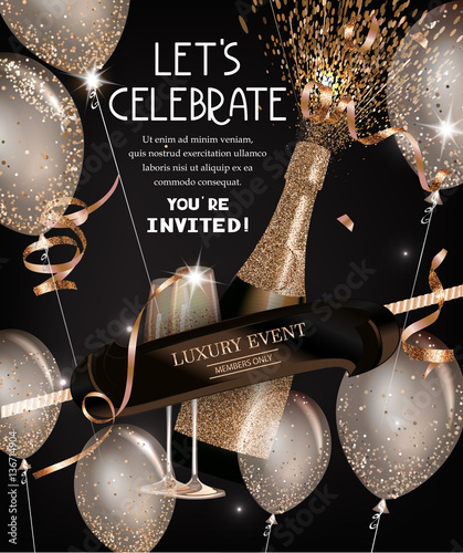 Party invitation card with bottle of champagne, glasses, air balloons. Vector illustration