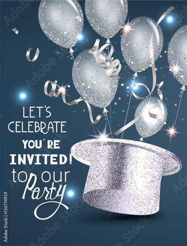 Party invitation card with sparkling classical hat, air balloons, serpentine. Vector illustration