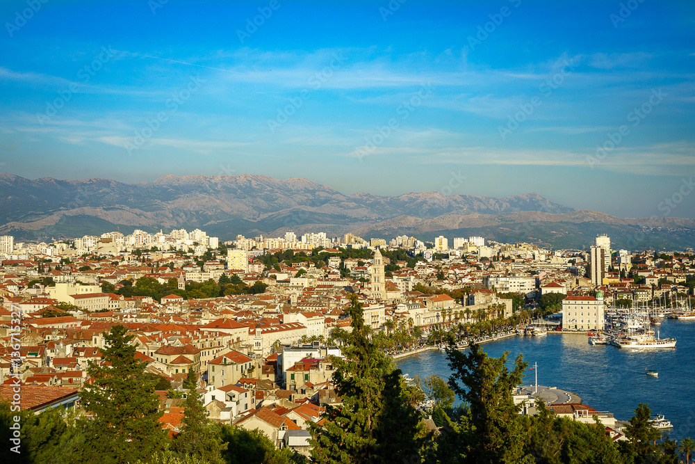 Panorama of city Split, Croatia (region of Dalmatia). UNESCO World Heritage Site. Mosor mountains in background.