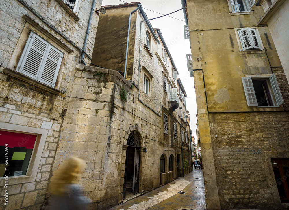 Street of old town in the rain, Split, Dalmatia, Croatia.