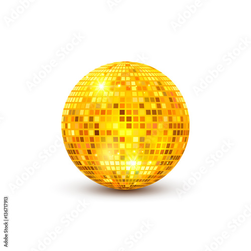 Disco ball isolated illustration. Night Club party light element. Bright mirror golden ball design for disco dance club