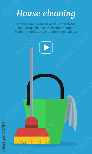 Cleaning Web Banner. Bucket with Duster and Broom