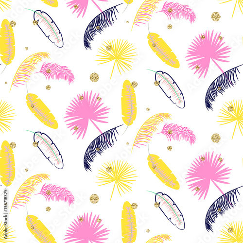 Fototapete Yellow and pink palm leaves seamless vector pattern on white background