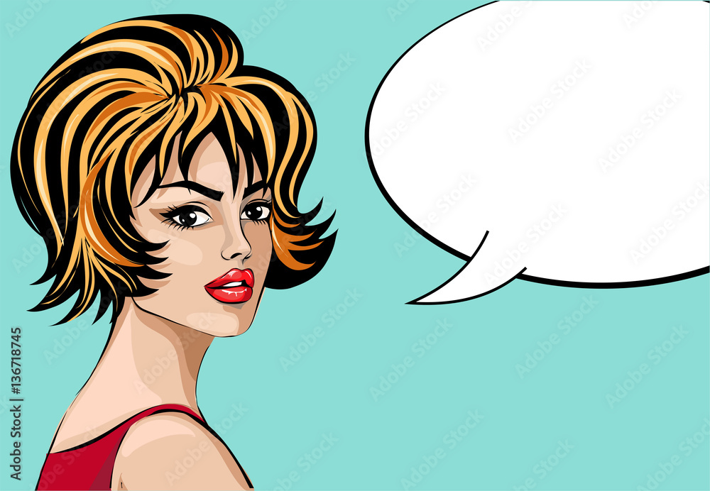 Pin up style beautiful woman portrait with speech bubble, pop art girl vector illustration Pin up style beautiful woman portrait with speech bubble, pop art girl vector illustration