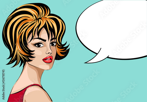 Pin up style beautiful woman portrait with speech bubble, pop art girl vector illustration