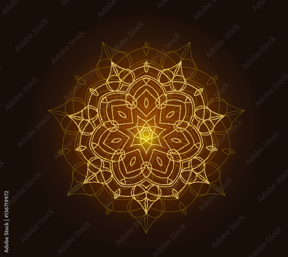 Shiny floral mandala background with gold glitter texture