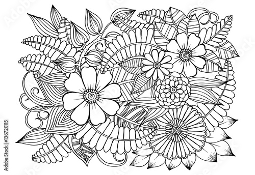 Doodle floral pattern in black and white. Page for coloring book