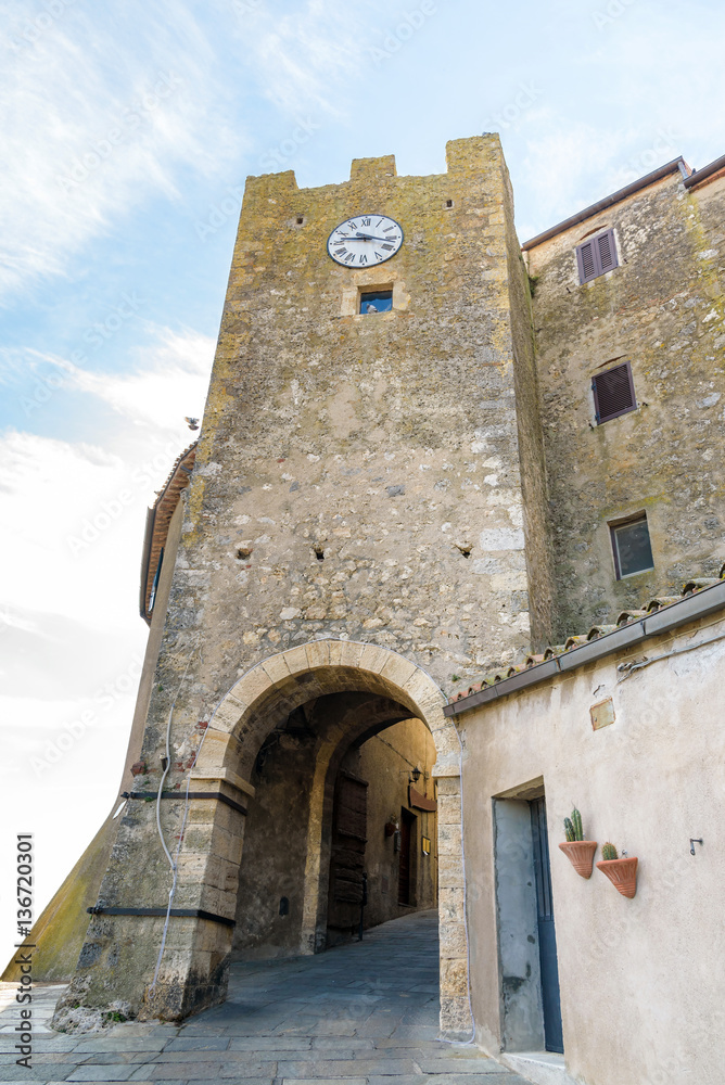 historic tower in the tuscan village of Capalbio, italy