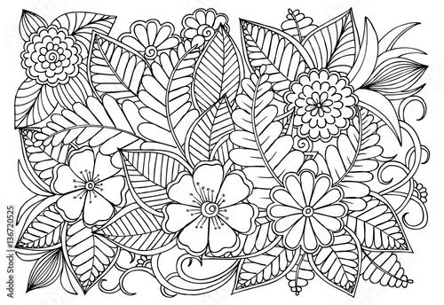 Doodle floral drawing. Art therapy coloring page. 