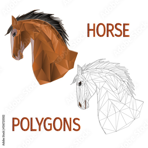 Brown horse head polygons coloured and outline vector illustration