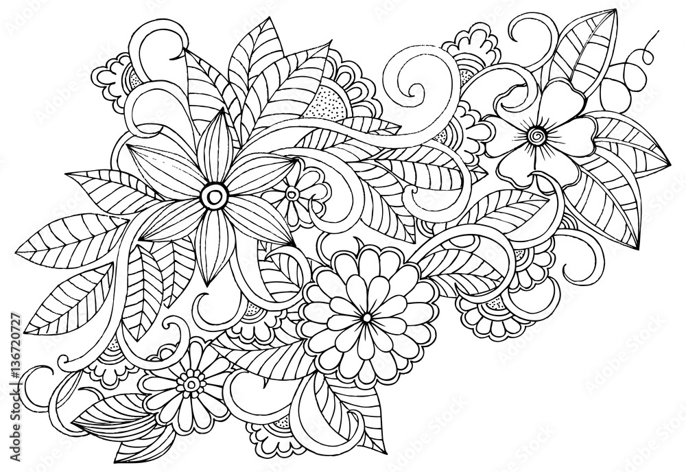 Doodle floral pattern in black and white. Page for coloring book Stock ...