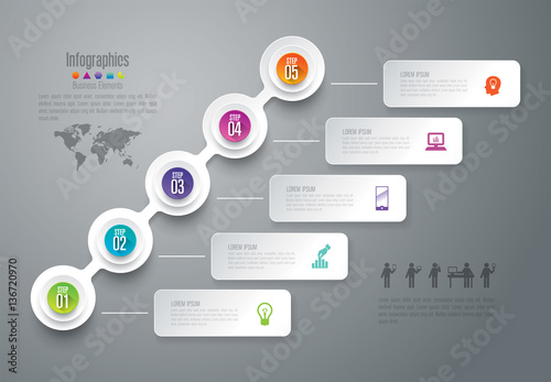 Timeline infographics design vector and business icons with 5 options.