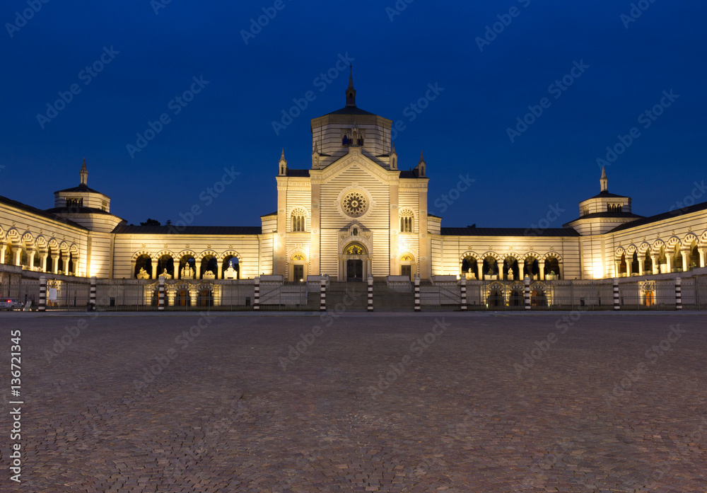Monumental Cemetery (Cimitero Monumentale) by night. The largest cemetery in Milan, Italy