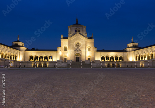 Monumental Cemetery (Cimitero Monumentale) by night. The largest cemetery in Milan, Italy