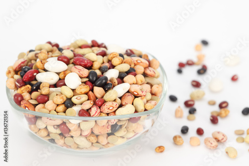Mix of beans and lentil in glass bowl. Healthy food concept.