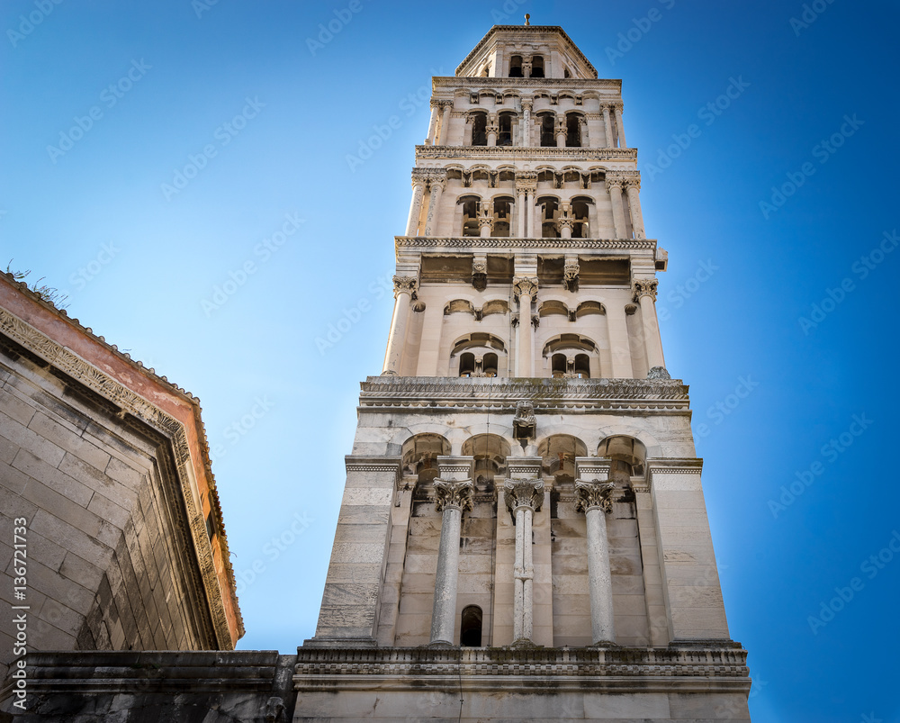 Fototapeta premium Cathedral bell tower of Diocletian palace ruins, Split, Croatia