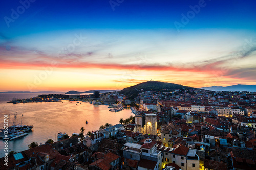 Split waterfront and Marjan hill aerial view, Dalmatia, Croatia in the sunset