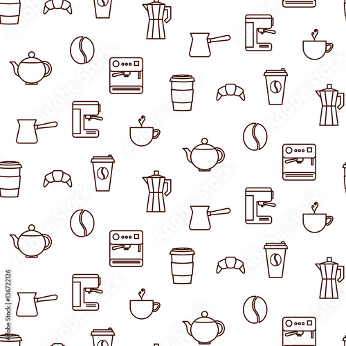 Coffee line icons seamless white vector pattern. Espresso shop tools background.