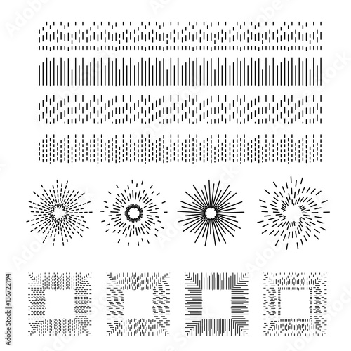 Dashed line vector pattern brushes. Strokes for sunburst sign and frame design.