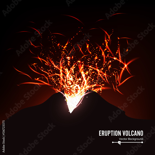 Eruption Volcano Vector. Thunderstorm Sparks. Big And Heavy Explosion From The Mountain. Spewing Glowing Red Hot Lava.