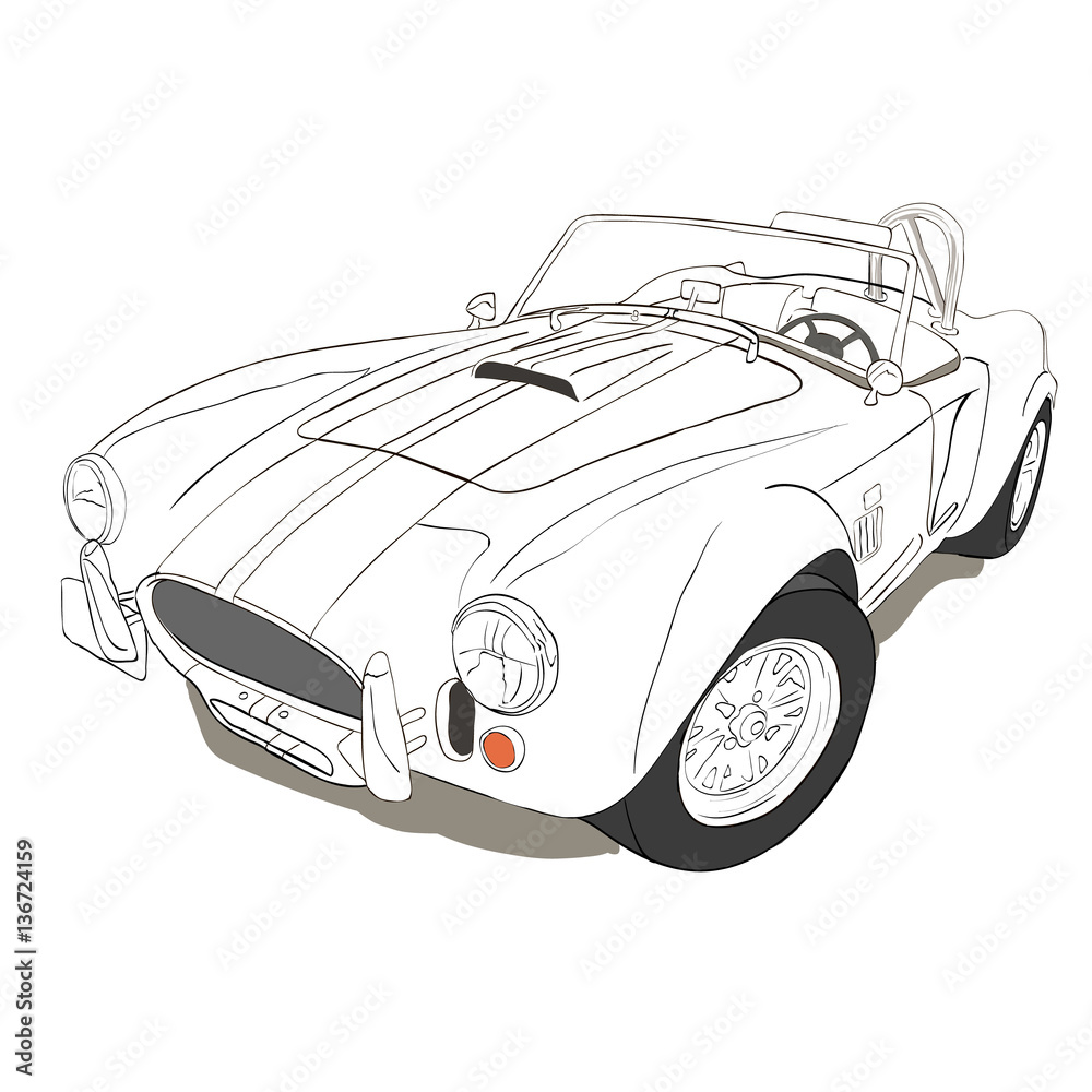 Old car for white background. Hand drawn car. retro, vector illustration.