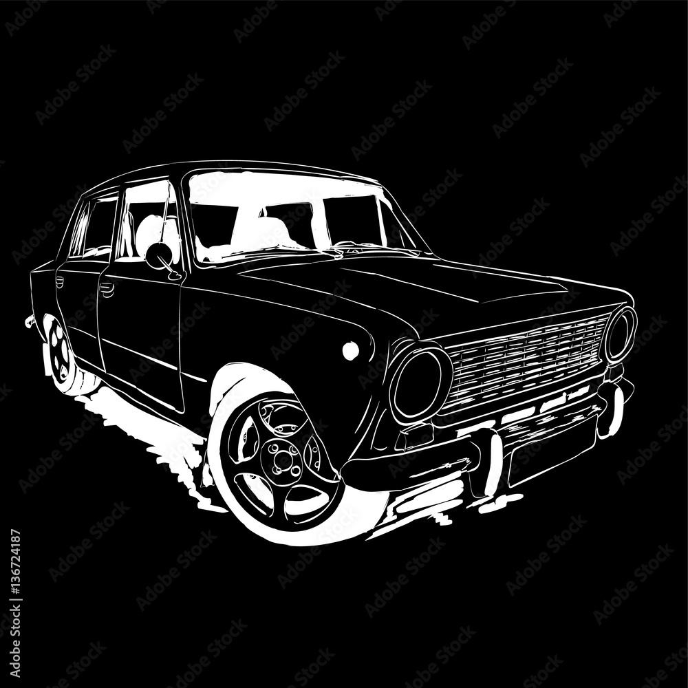 Old car for black background. Hand drawn car. retro, vector illustration.