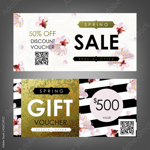 Gift certificate, Voucher, Coupon templates with plum tree flovers, stripe pattern and shabby gold texture. Spring inspiration vector.