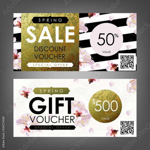 Gift certificate, Voucher, Coupon templates with plum tree flovers, stripe pattern and shabby gold texture. Spring inspiration vector.