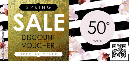 Gift certificate, Voucher, Coupon template with plum tree flovers, stripe pattern and shabby gold texture. Spring inspiration vector.