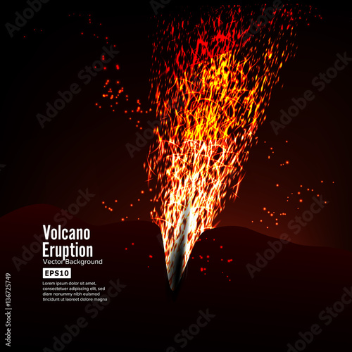 Eruption Volcano Vector. Thunderstorm Sparks. Big And Heavy Explosion From The Mountain. Spewing Glowing Red Hot Lava.