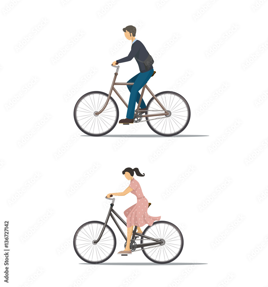 The icon of cyclist. The woman is riding the bike. The man is riding the bike.  People is biking. Person rides bike. The elements of transport infrastructure. The concept of active life.


