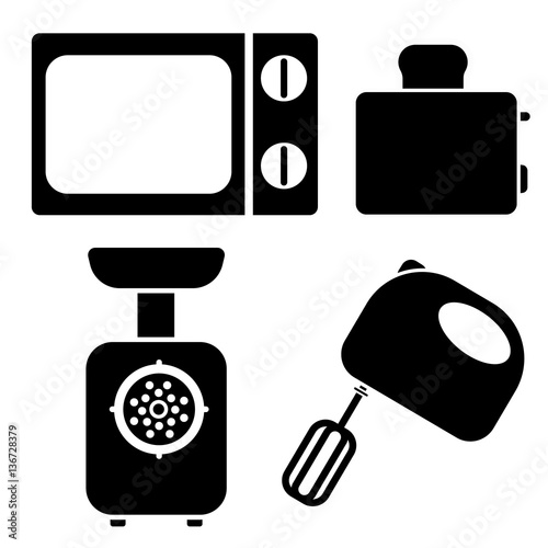 image silhouettes of kitchen devices namely, microwave, toaster, blender, chopper