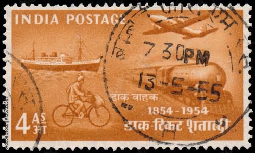 Stamp printed by India shows post transport
