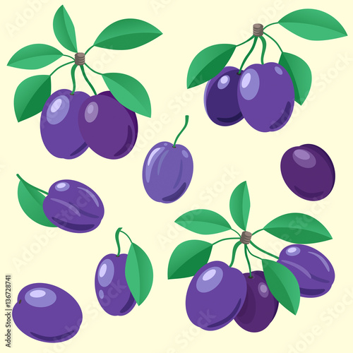 Set of colored icons with purple plums.