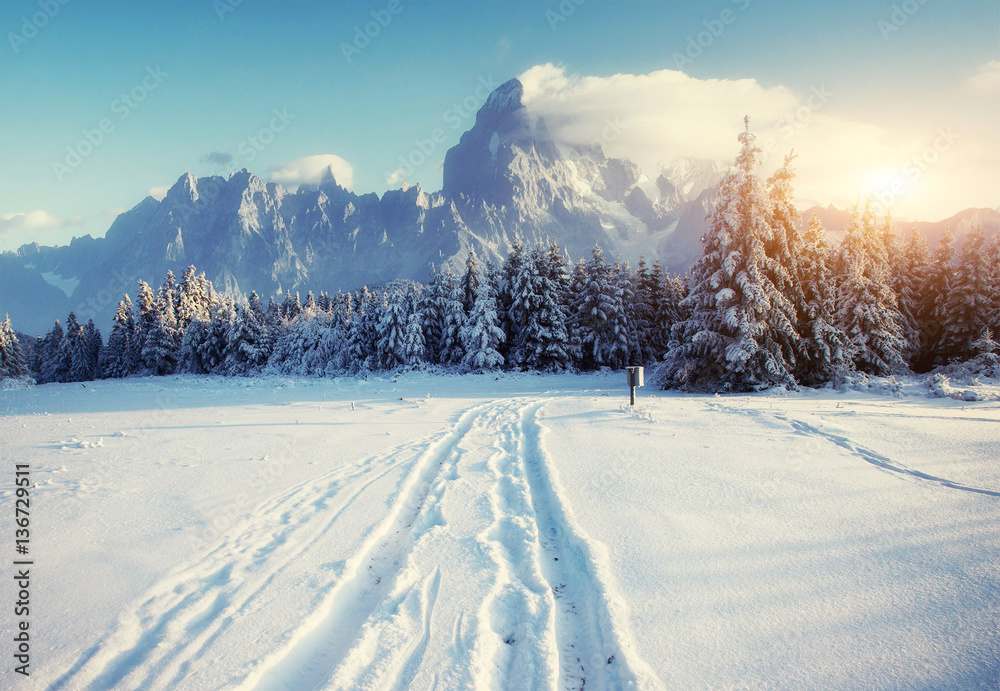Fototapeta premium road mysterious winter landscape majestic mountains