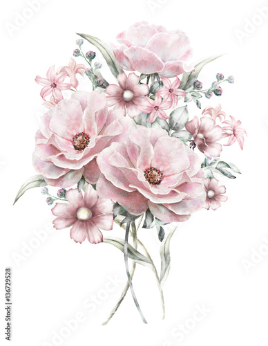 watercolor flowers. floral illustration in Pastel colors  rose. bunch of pink flowers isolated on white background. herbs  Leaf. Cute composition for wedding or greeting card. romantic bouquet