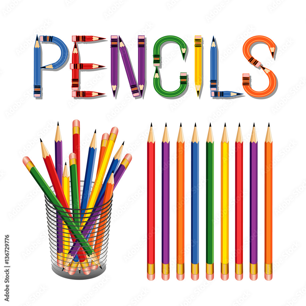 Fototapeta premium Pencils with erasers in a desk organizer for home, office, back to school projects with pencil ding bats title text. EPS8 compatible.