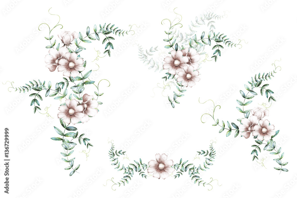 watercolor flowers. floral illustration in Pastel colors. bunch of flowers isolated on white background. herbs, Leaf. Cute composition, romantic bouquet. Vintage set