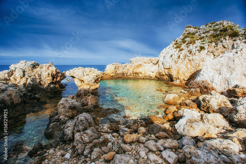 Scenic rocky coastline Cape Milazzo. Sicily, Italy