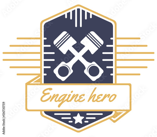 vector logo of car customizing club with crossed pistons, ribbon and text; tuning motors garage insignia