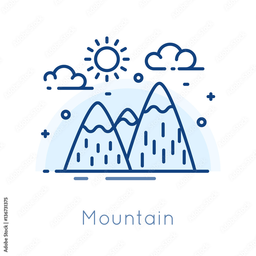 Fototapeta premium Mountains and sky on white background. Thin line flat icon for design logo. Vector