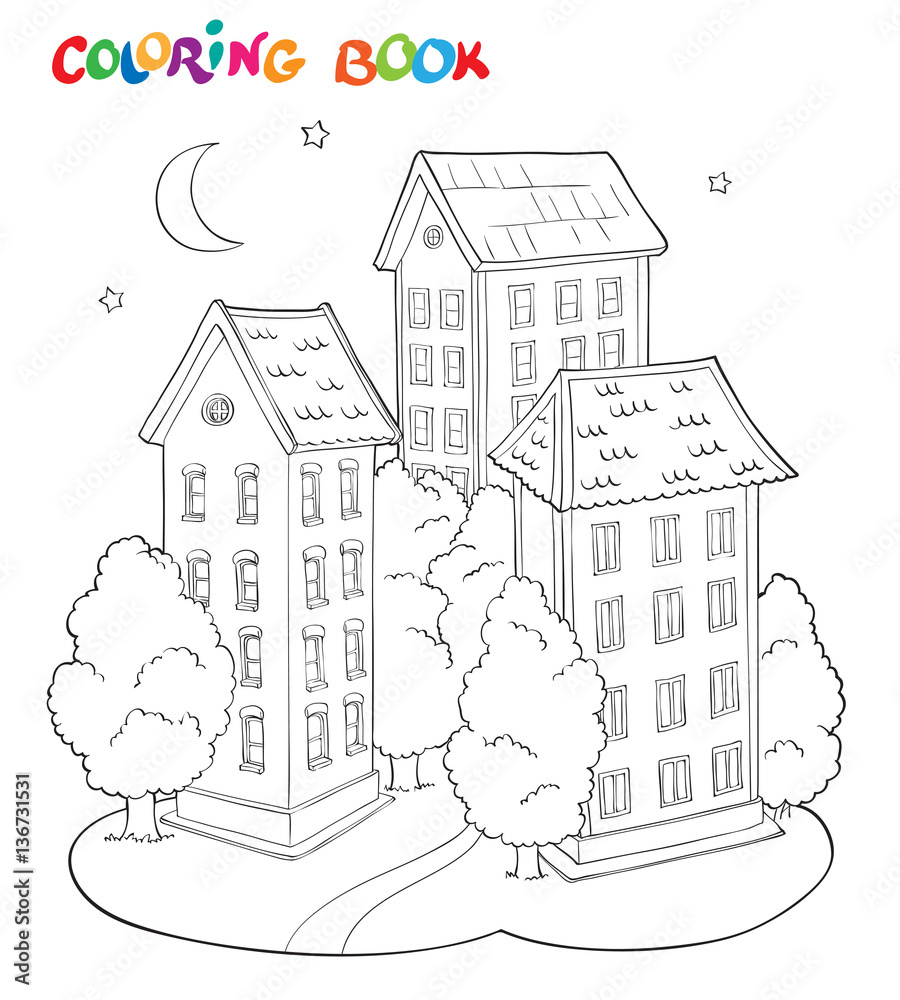 Coloring page book for kids - house with trees and moon. Vector illustration.