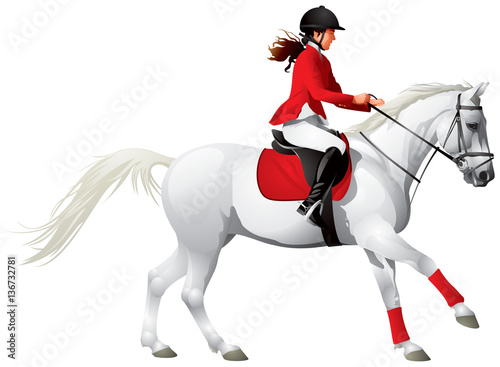 Equestrian sport white horse and girl in red equestrian costume realistic vector illustration