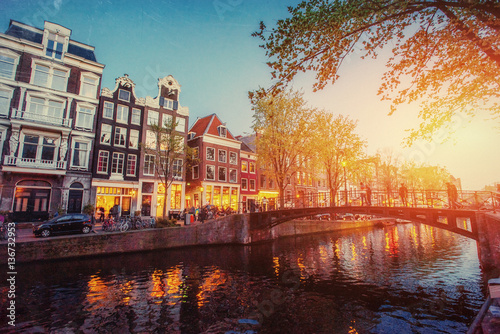 Amsterdam canal at sunset.