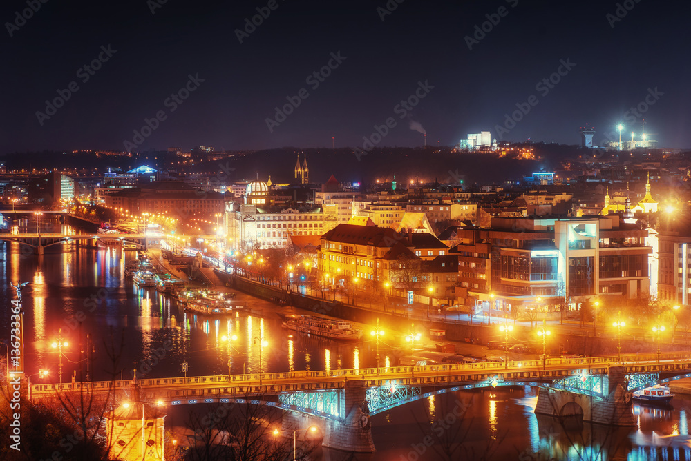 Evening View of The Vltava River and Bridges in Prague